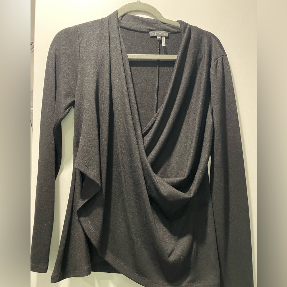 1 State black faux wrap top